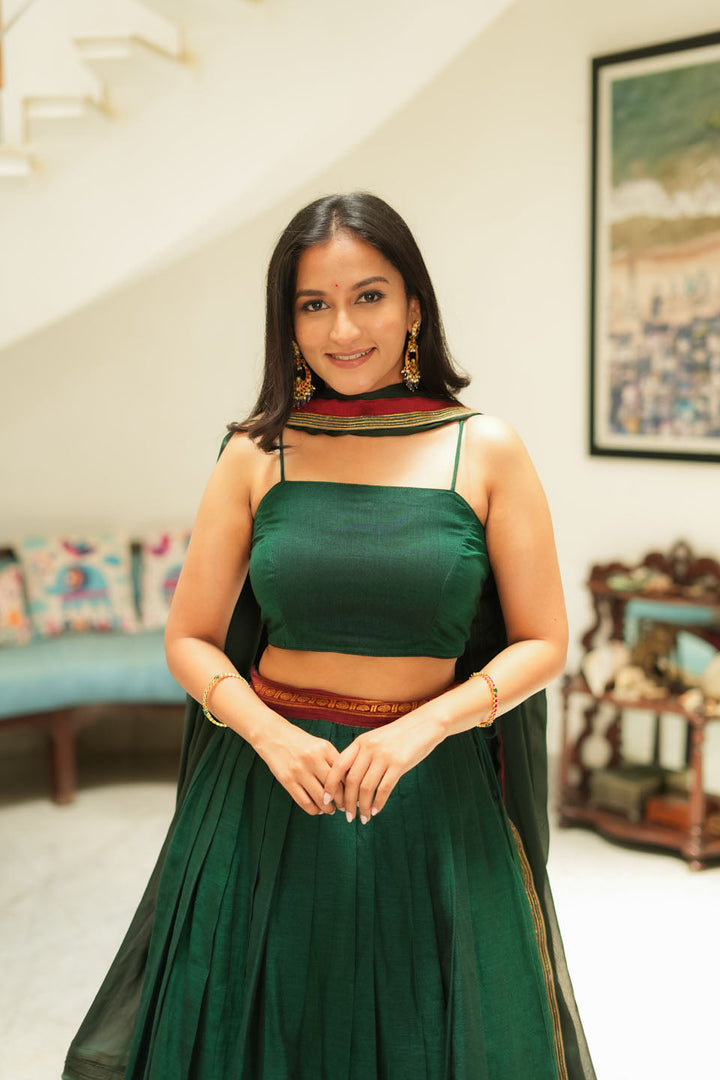 Sreeja Green Handwoven Lehenga Set | SHOBITAM