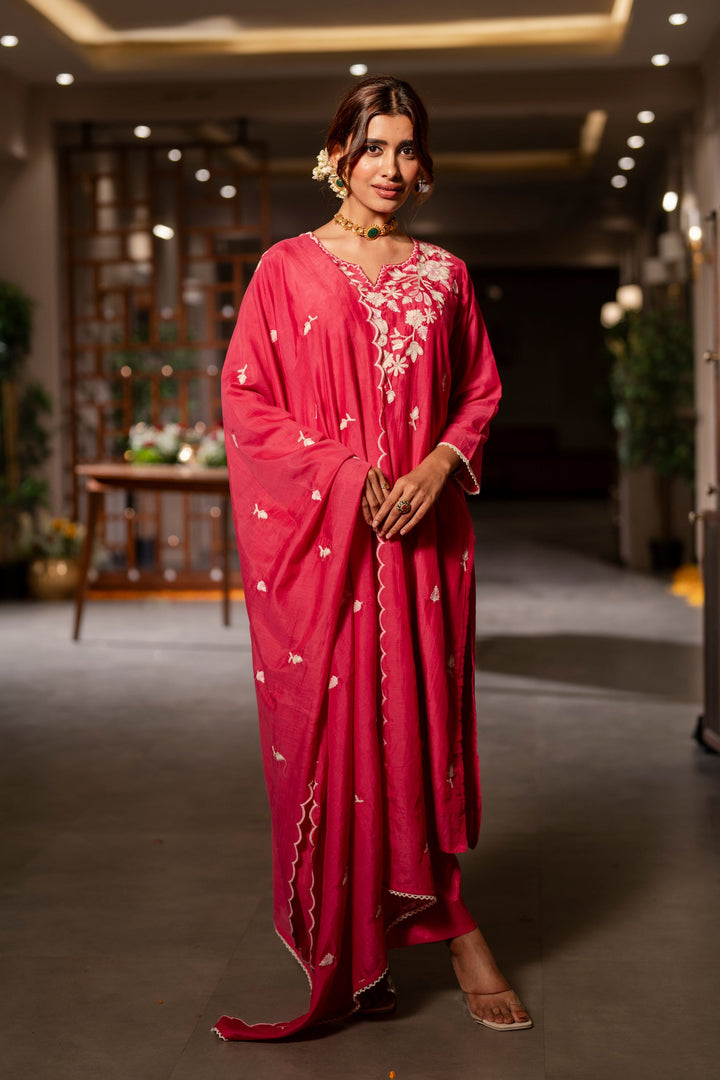 Pink Thread Embroidery Mul Chanderi Suit Set with Scallope Thread Dupatta- SET OF-3 | SHOBITAM