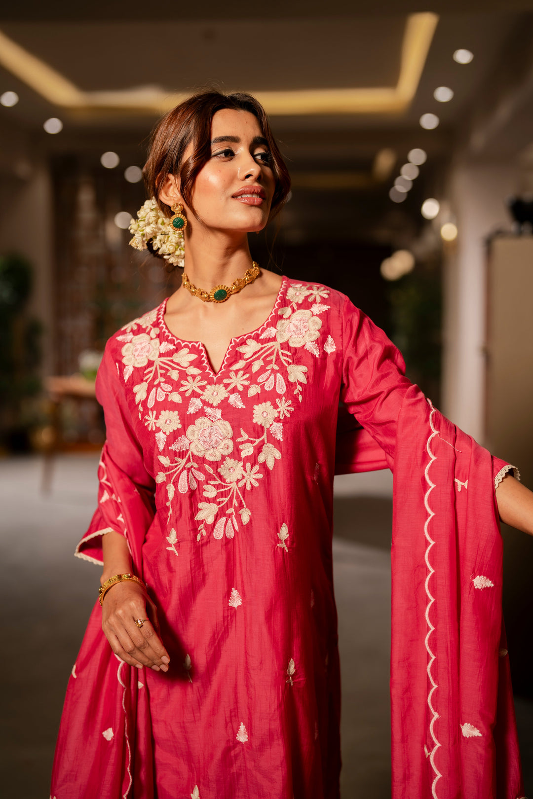 Pink Thread Embroidery Mul Chanderi Suit Set with Scallope Thread Dupatta- SET OF-3 | SHOBITAM