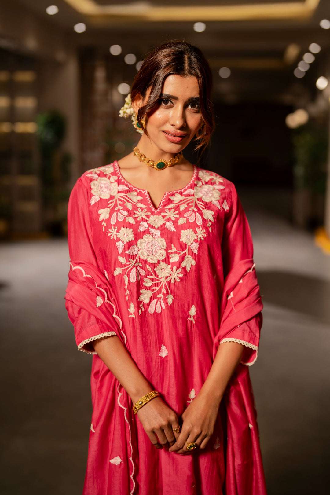 Pink Thread Embroidery Mul Chanderi Suit Set with Scallope Thread Dupatta- SET OF-3 | SHOBITAM
