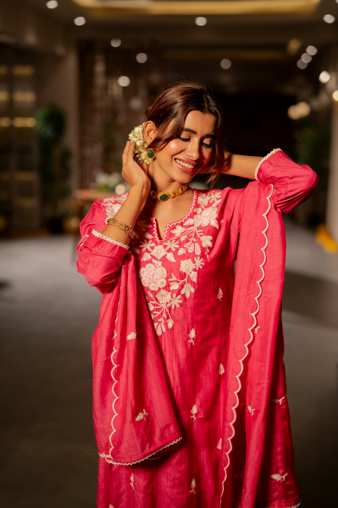 Pink Thread Embroidery Mul Chanderi Suit Set with Scallope Thread Dupatta- SET OF-3 | SHOBITAM