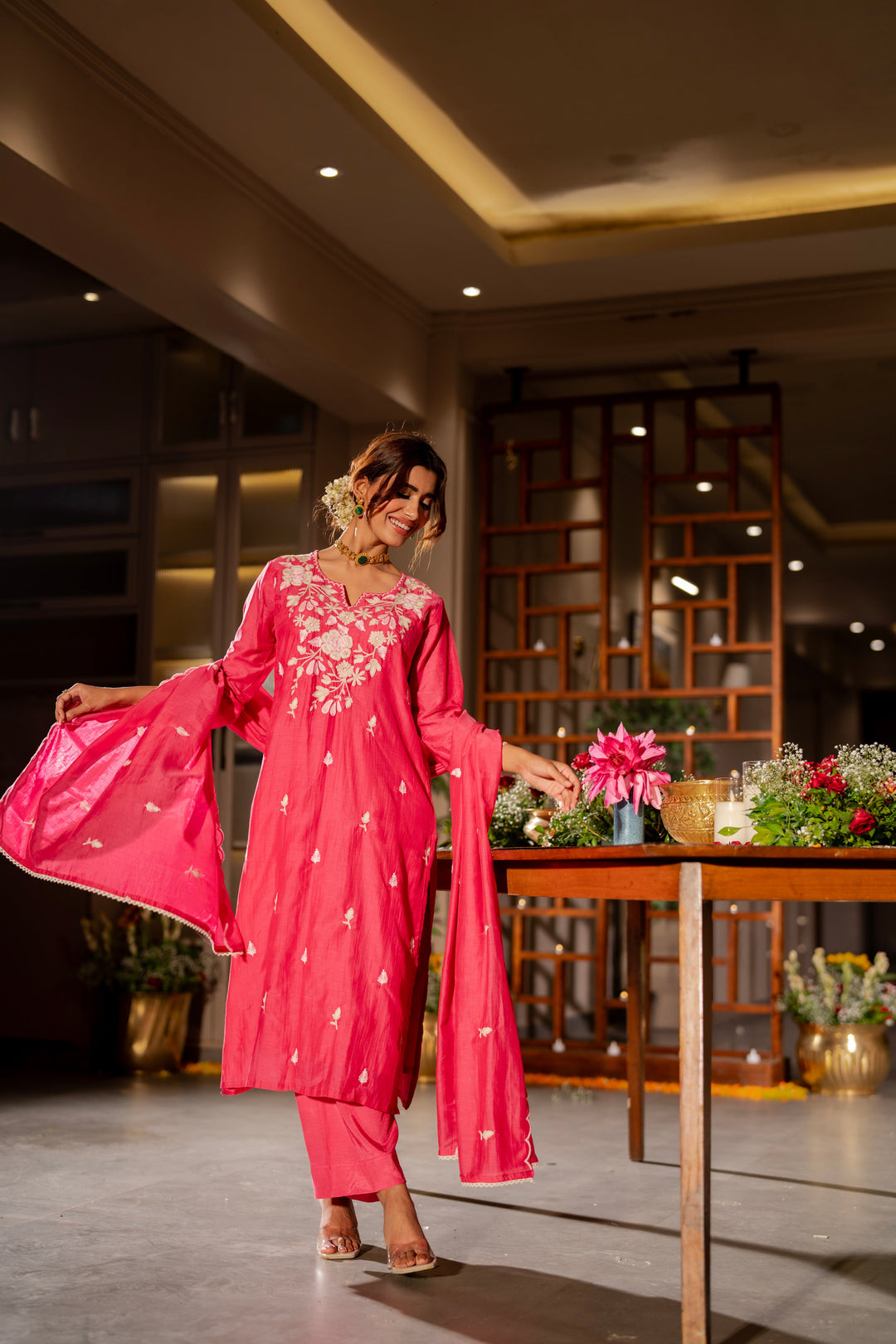 Pink Thread Embroidery Mul Chanderi Suit Set with Scallope Thread Dupatta- SET OF-3 | SHOBITAM