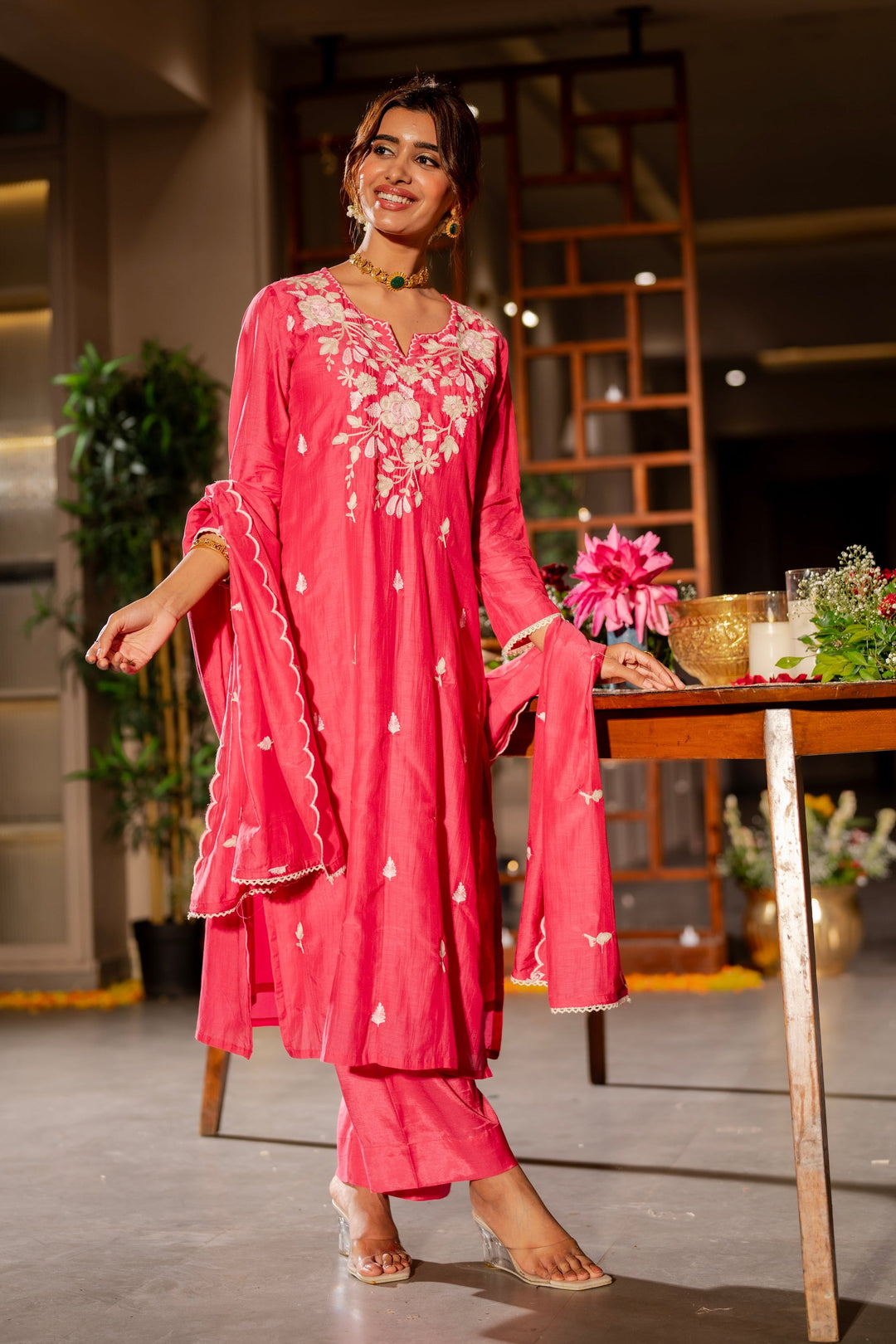 Pink Thread Embroidery Mul Chanderi Suit Set with Scallope Thread Dupatta- SET OF-3 | SHOBITAM