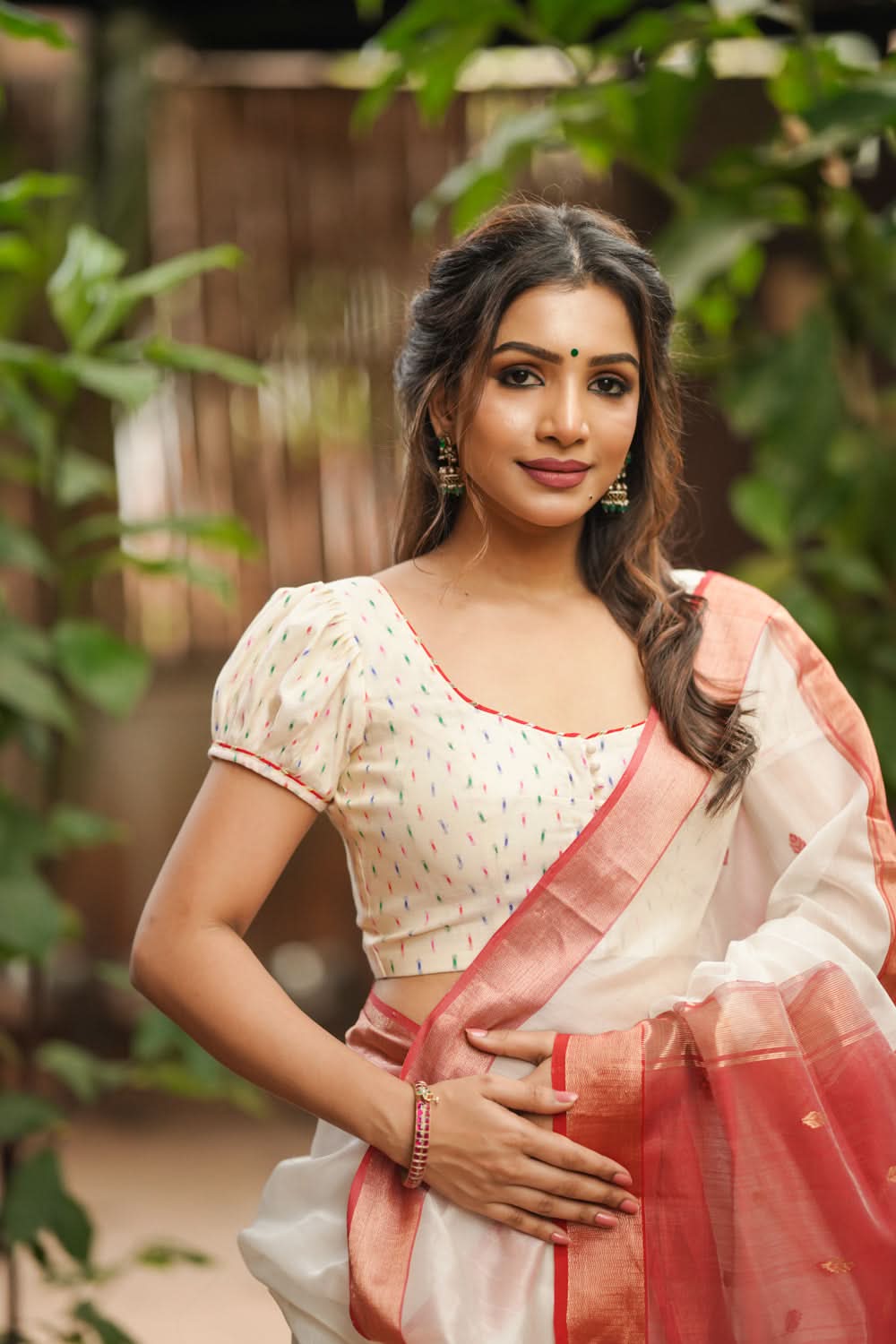 Off white chanderi U neck blouse with multicolour weave & Puff sleeves, Made to Order