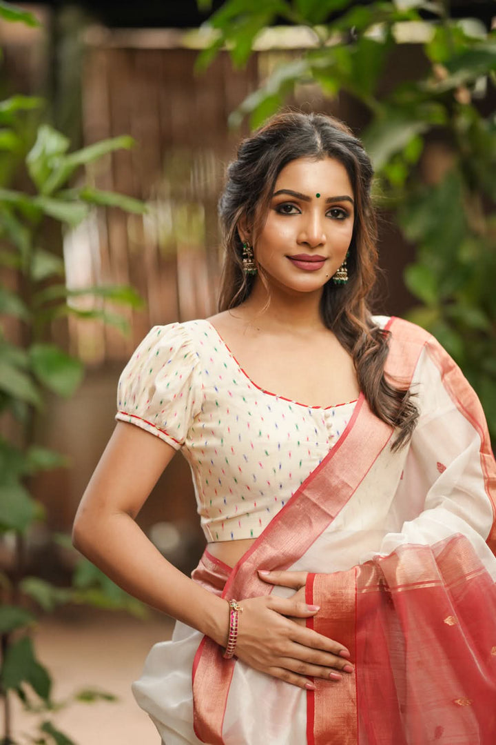Off white chanderi U neck blouse with multicolour weave & Puff sleeves, Made to Order