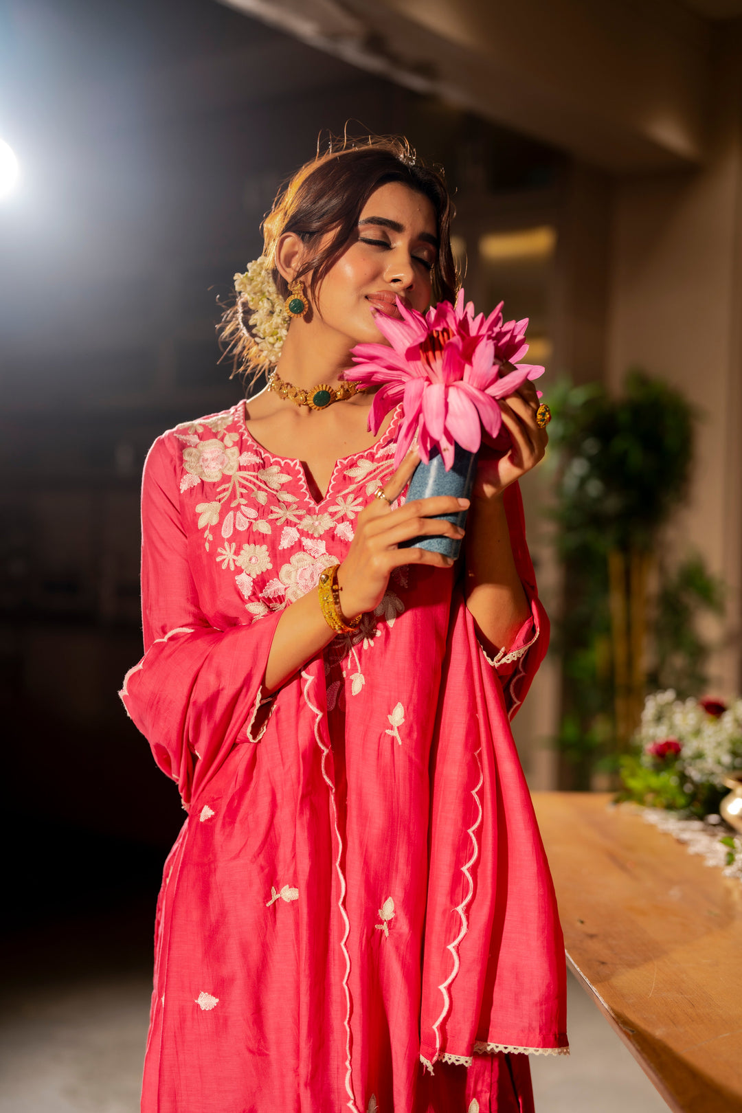 Pink Thread Embroidery Mul Chanderi Suit Set with Scallope Thread Dupatta- SET OF-3 | SHOBITAM