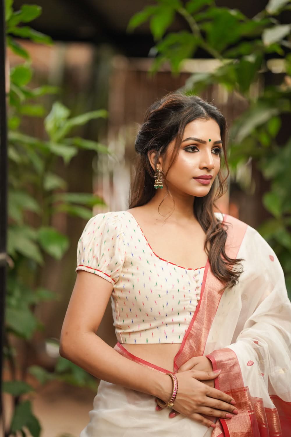 Off white chanderi U neck blouse with multicolour weave & Puff sleeves, Made to Order