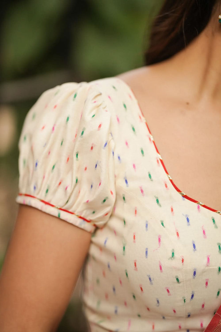 Off white chanderi U neck blouse with multicolour weave & Puff sleeves, Made to Order