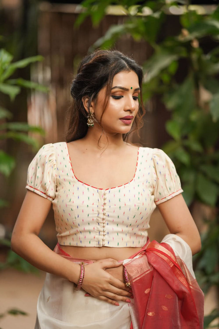 Off white chanderi U neck blouse with multicolour weave & Puff sleeves, Made to Order