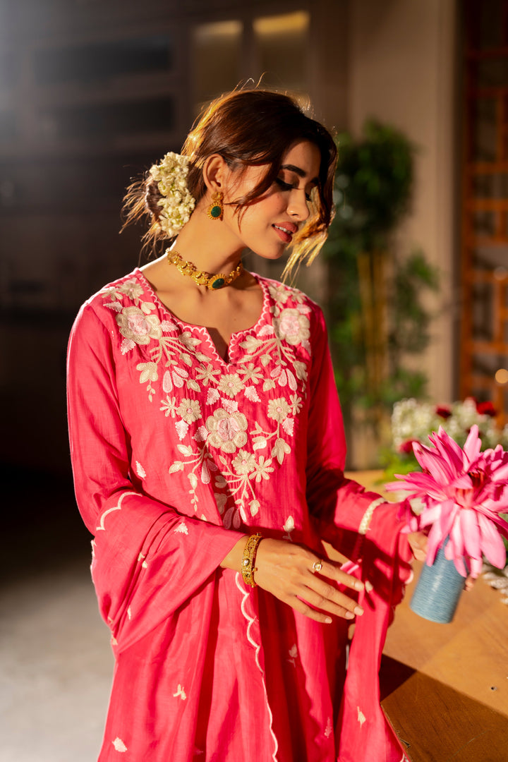 Pink Thread Embroidery Mul Chanderi Suit Set with Scallope Thread Dupatta- SET OF-3 | SHOBITAM