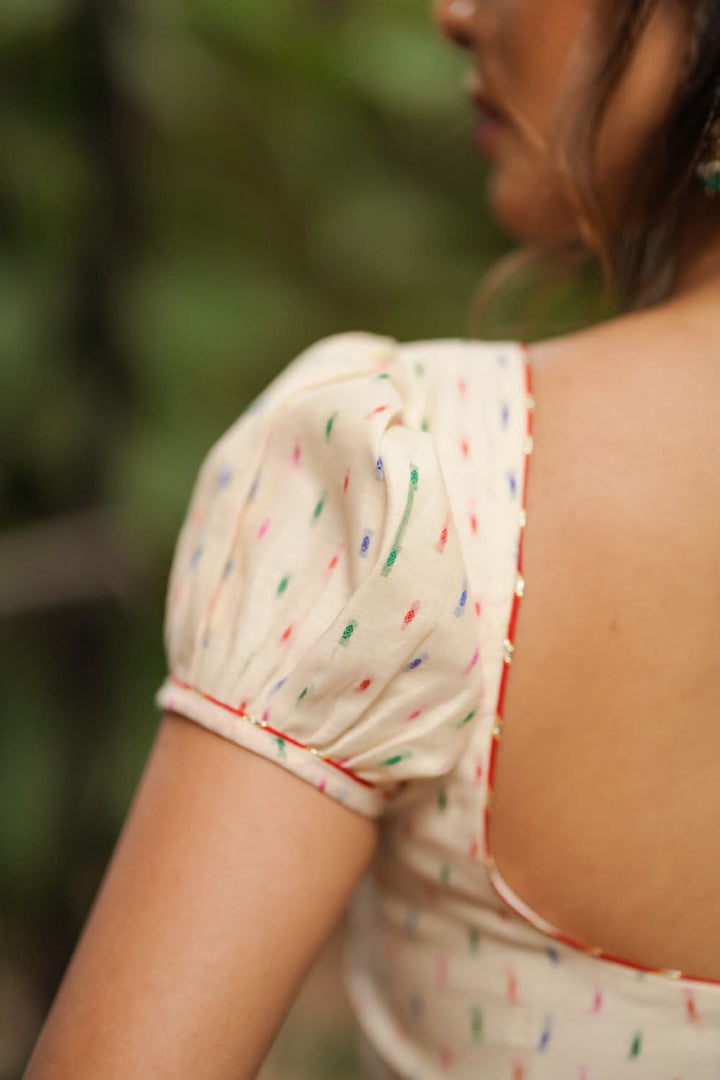 Off white chanderi U neck blouse with multicolour weave & Puff sleeves, Made to Order