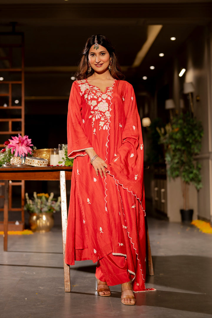 Deep Red Thread Embroidery Mul Chanderi Suit Set with Scallope Thread Dupatta- SET OF-3 | SHOBITAM