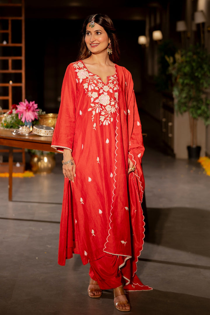 Deep Red Thread Embroidery Mul Chanderi Suit Set with Scallope Thread Dupatta- SET OF-3 | SHOBITAM