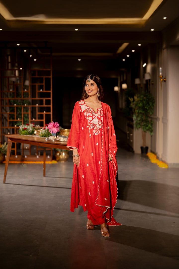 Deep Red Thread Embroidery Mul Chanderi Suit Set with Scallope Thread Dupatta- SET OF-3 | SHOBITAM