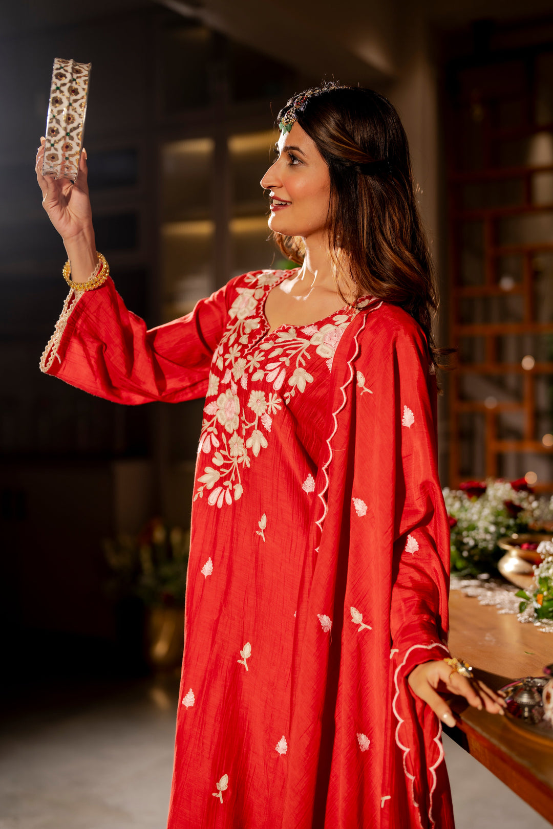 Deep Red Thread Embroidery Mul Chanderi Suit Set with Scallope Thread Dupatta- SET OF-3 | SHOBITAM