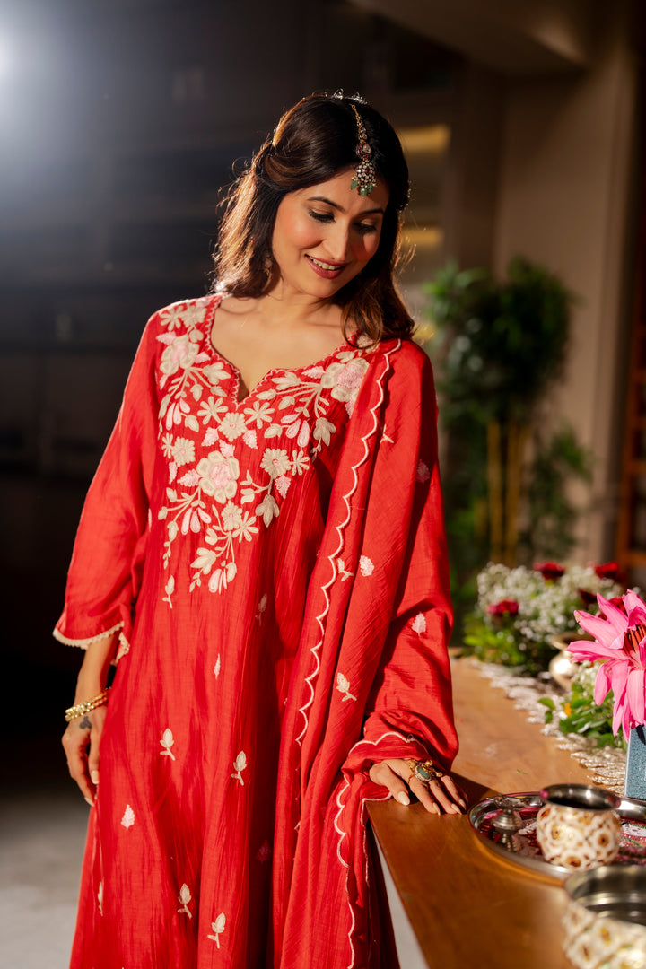 Deep Red Thread Embroidery Mul Chanderi Suit Set with Scallope Thread Dupatta- SET OF-3 | SHOBITAM