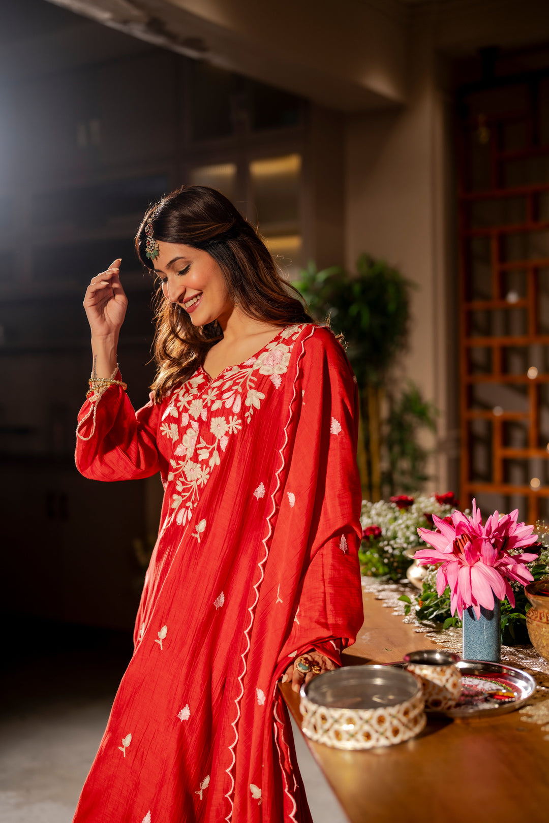 Deep Red Thread Embroidery Mul Chanderi Suit Set with Scallope Thread Dupatta- SET OF-3 | SHOBITAM