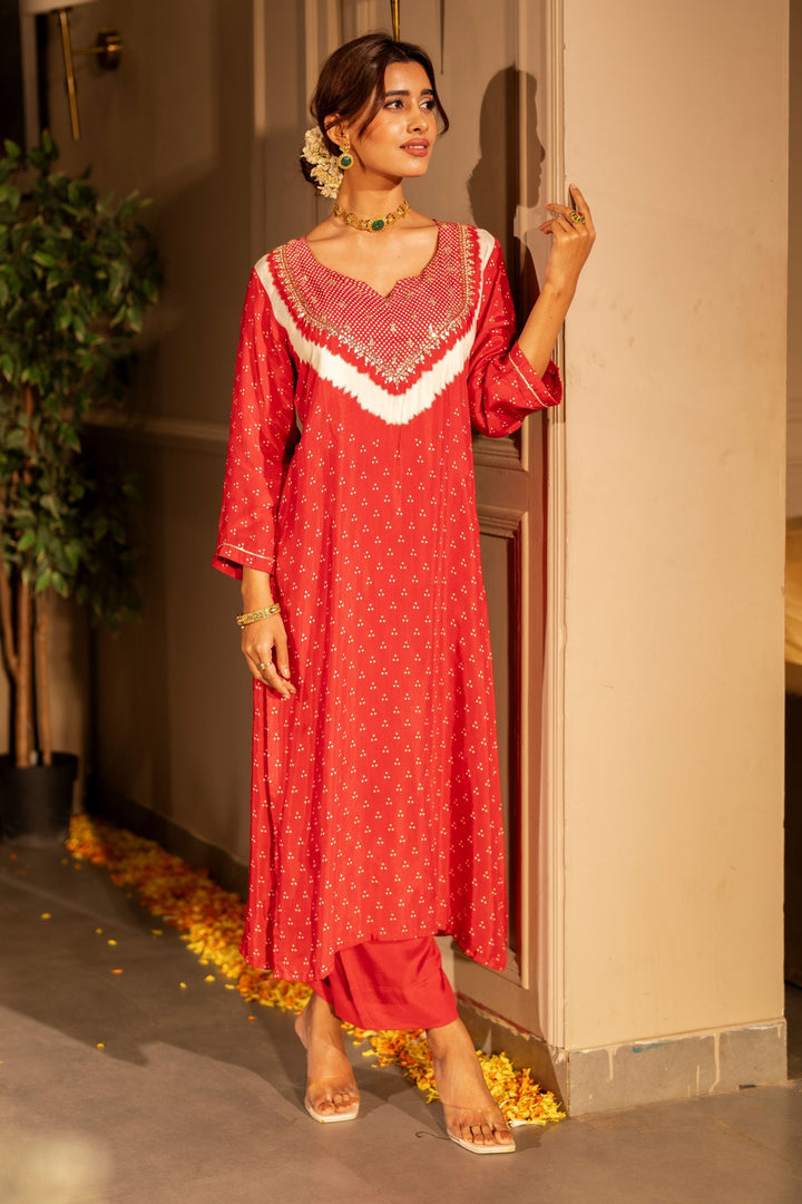 Red bandhani with gota work on neck kurta set- SET OF- 2 | SHOBITAM