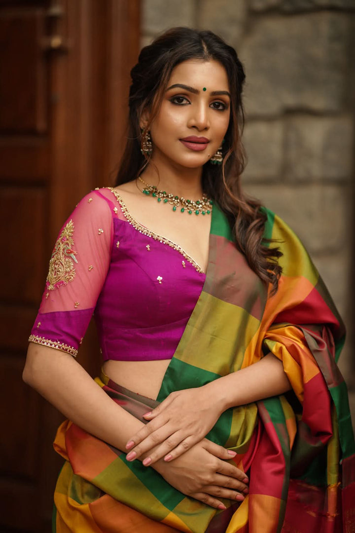 Magenta Pure Silk Blouse with Zardosi Cutdana Handwork on Net in Back and Sleeves, Made to Order
