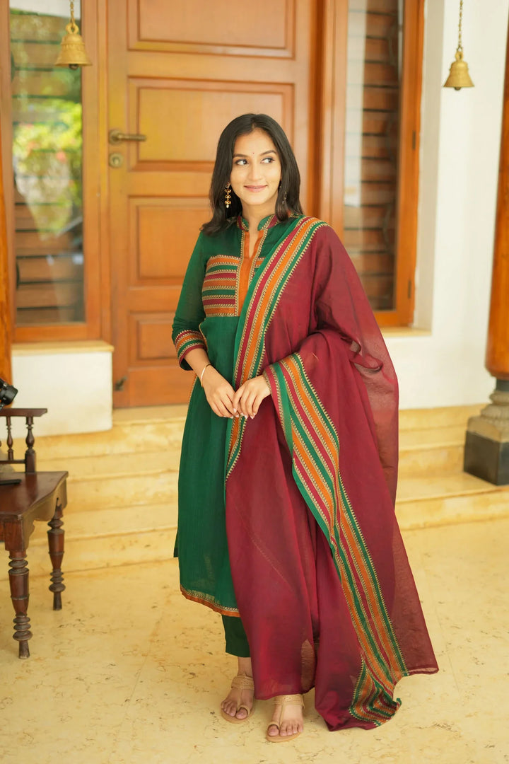 Bottle Green with Maroon Handloom Kurta Set With Dupatta| Made To Order