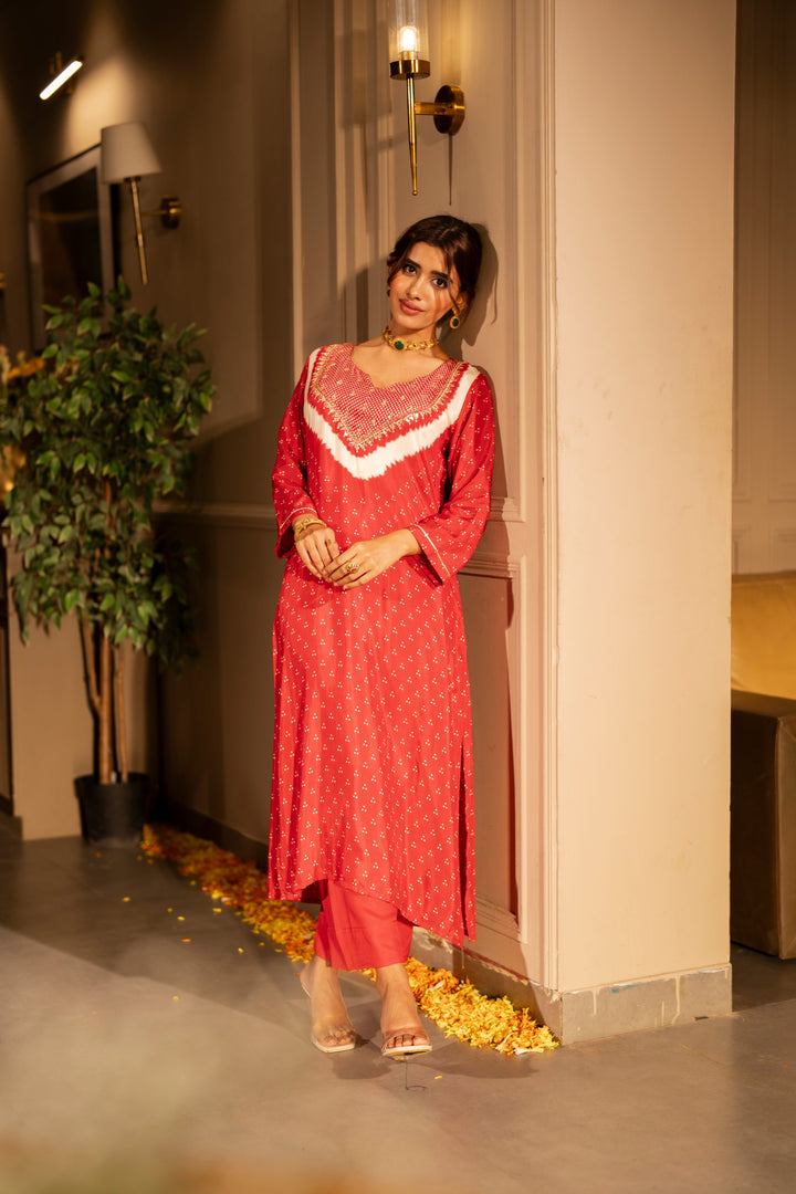 Red bandhani with gota work on neck kurta set- SET OF- 2 | SHOBITAM