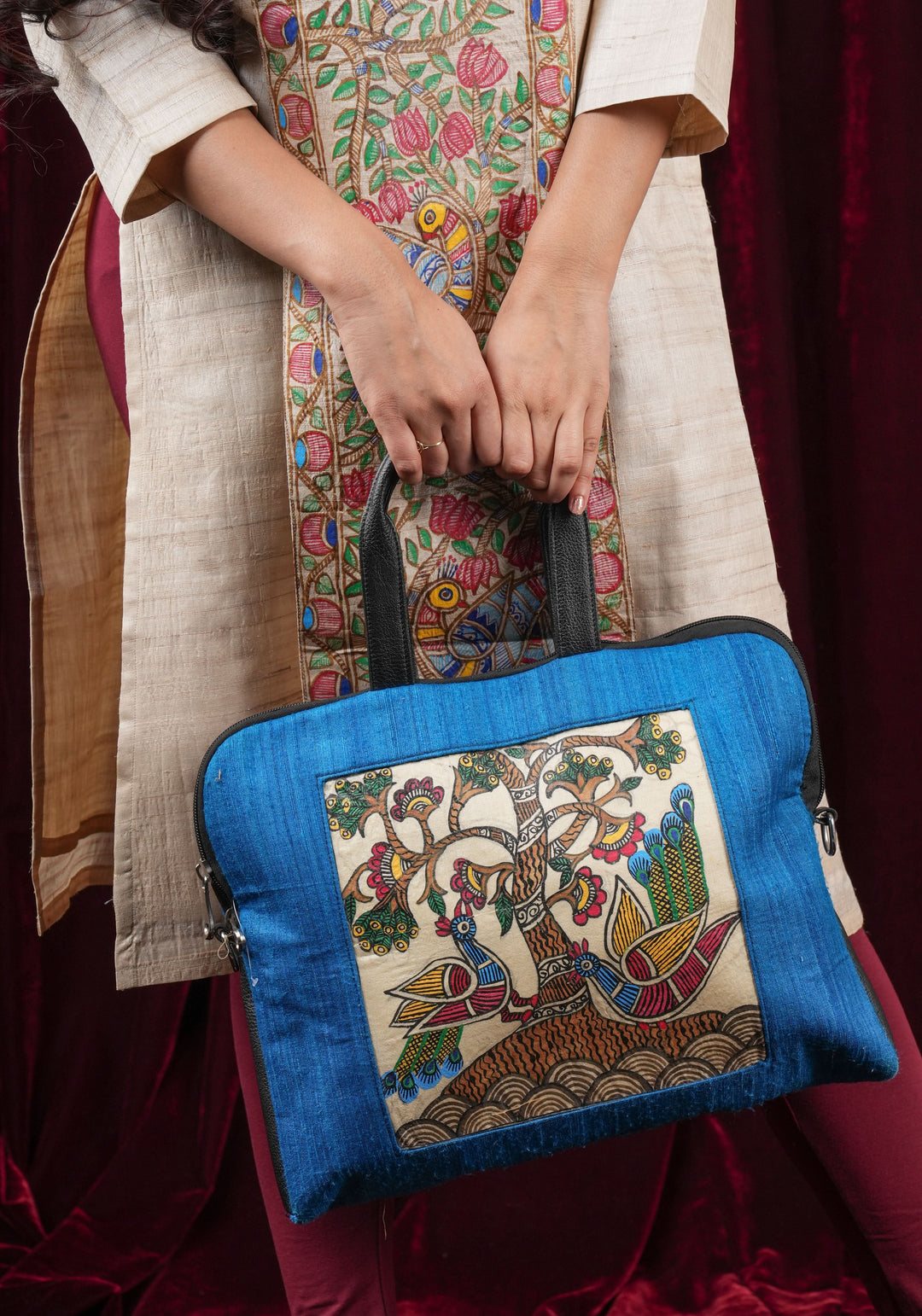 Blue Handcrafted Laptop Bag with Tree of Life Madhubani Handpainting