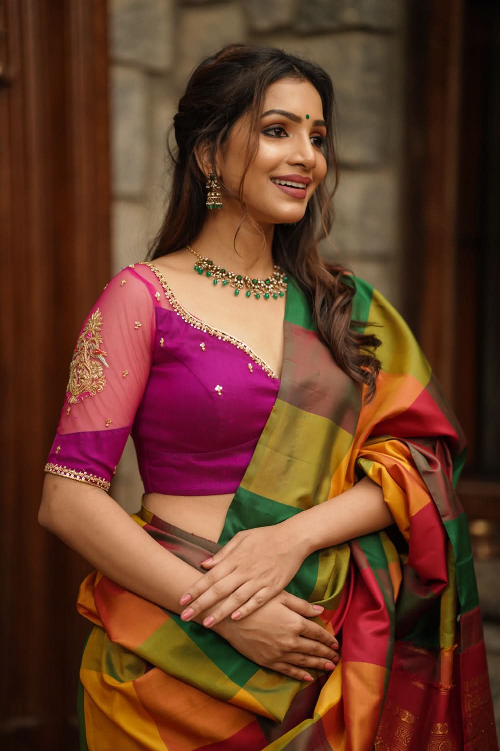 Magenta Pure Silk Blouse with Zardosi Cutdana Handwork on Net in Back and Sleeves, Made to Order