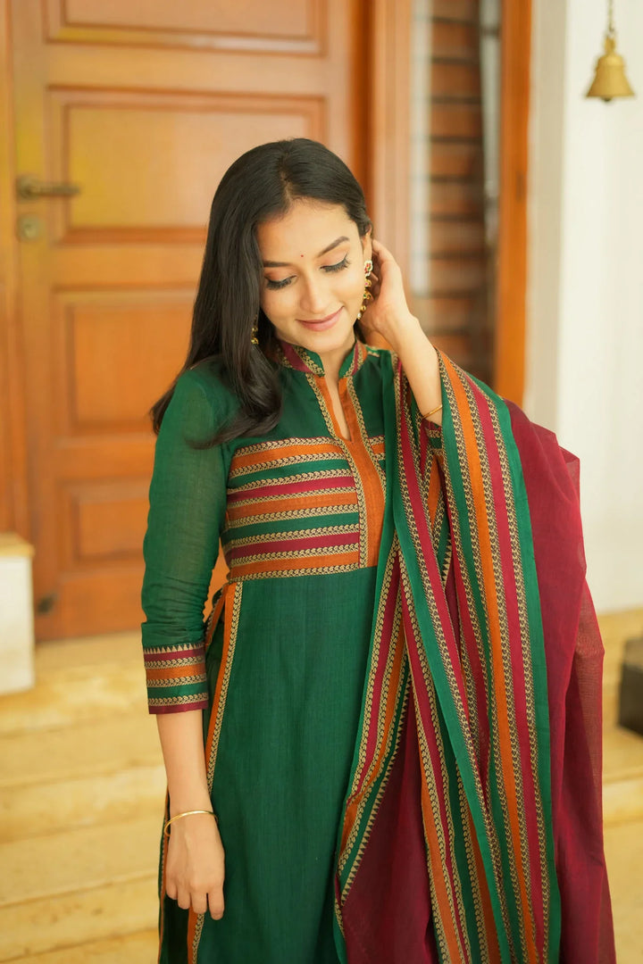 Bottle Green with Maroon Handloom Kurta Set Without Dupatta | Made To Order