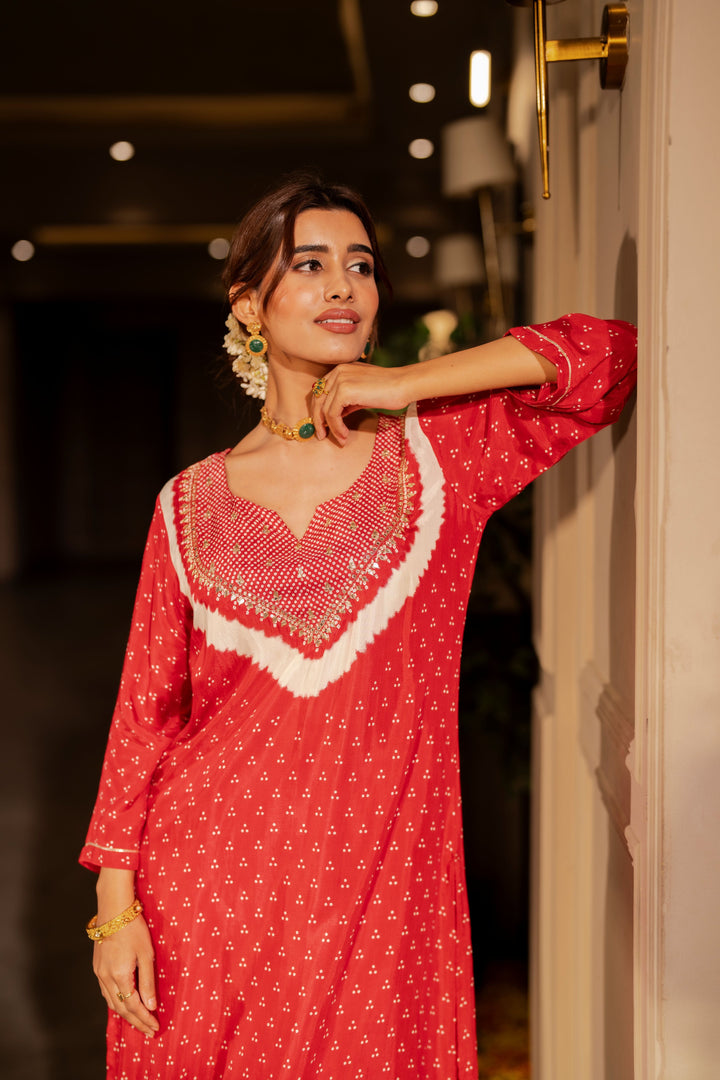 Red bandhani with gota work on neck kurta set- SET OF- 2 | SHOBITAM