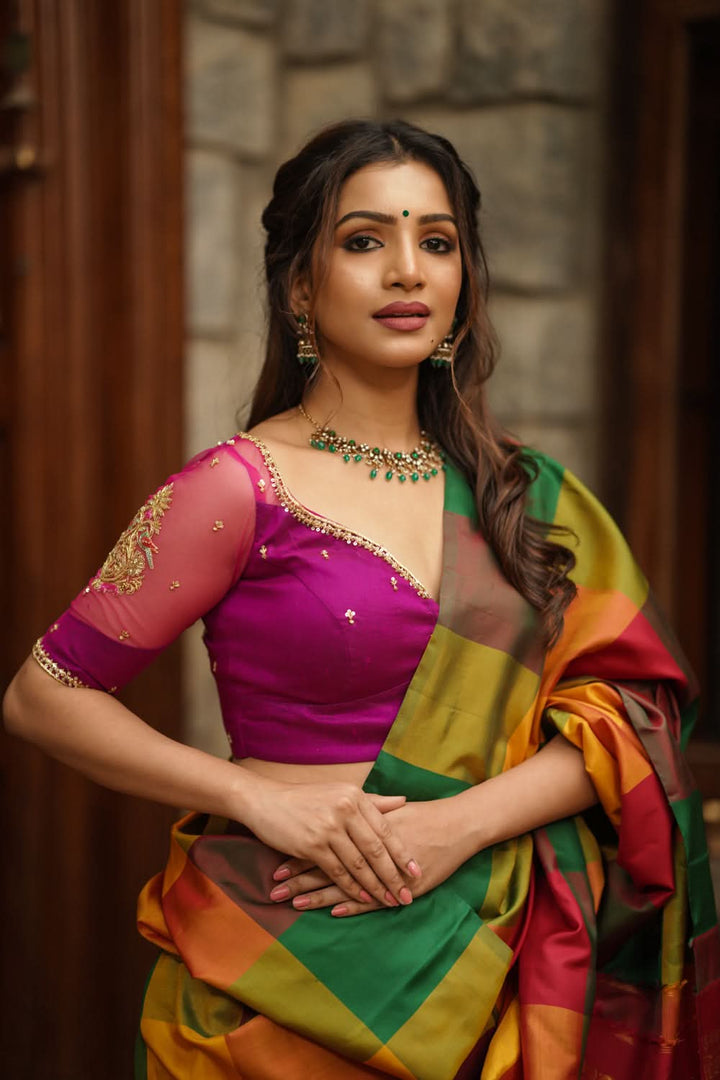 Magenta Pure Silk Blouse with Zardosi Cutdana Handwork on Net in Back and Sleeves, Made to Order