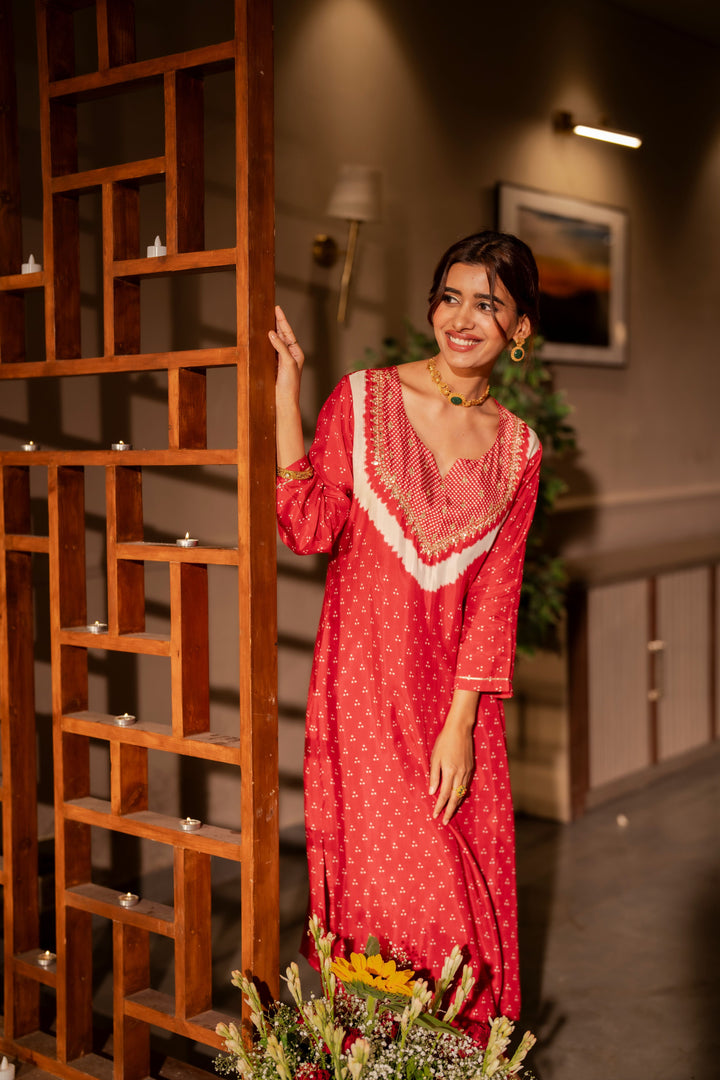 Red bandhani with gota work on neck kurta set- SET OF- 2 | SHOBITAM