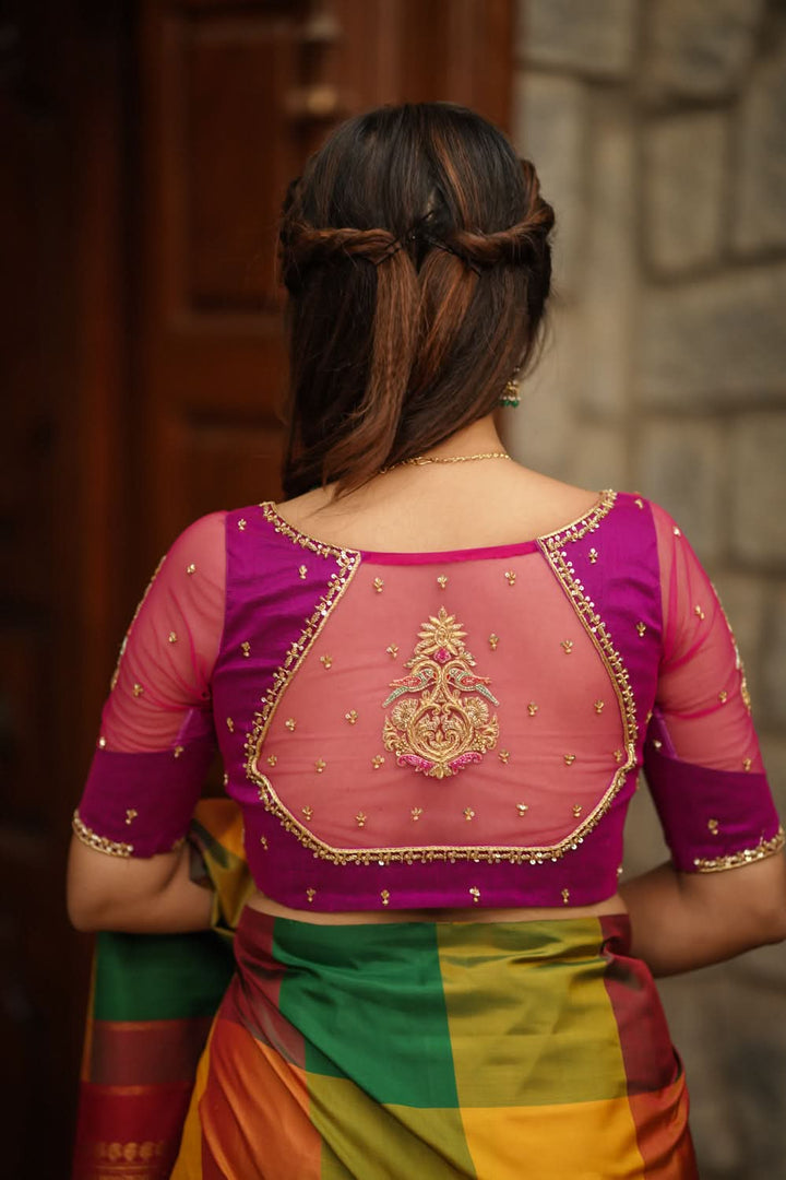 Magenta Pure Silk Blouse with Zardosi Cutdana Handwork on Net in Back and Sleeves, Made to Order