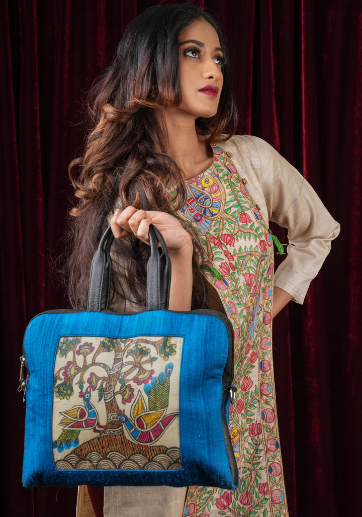 Blue Handcrafted Laptop Bag with Tree of Life Madhubani Handpainting