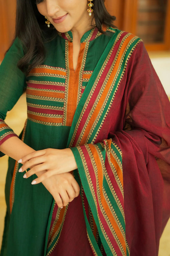 Bottle Green with Maroon Handloom Kurta Set Without Dupatta | Made To Order