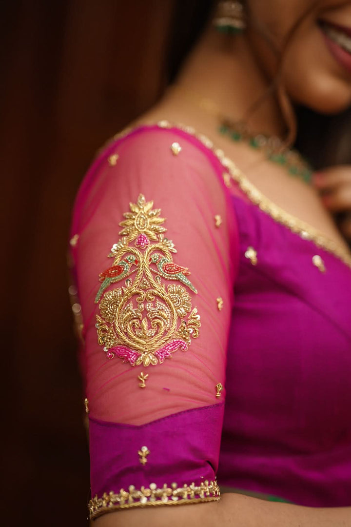 Magenta Pure Silk Blouse with Zardosi Cutdana Handwork on Net in Back and Sleeves, Made to Order