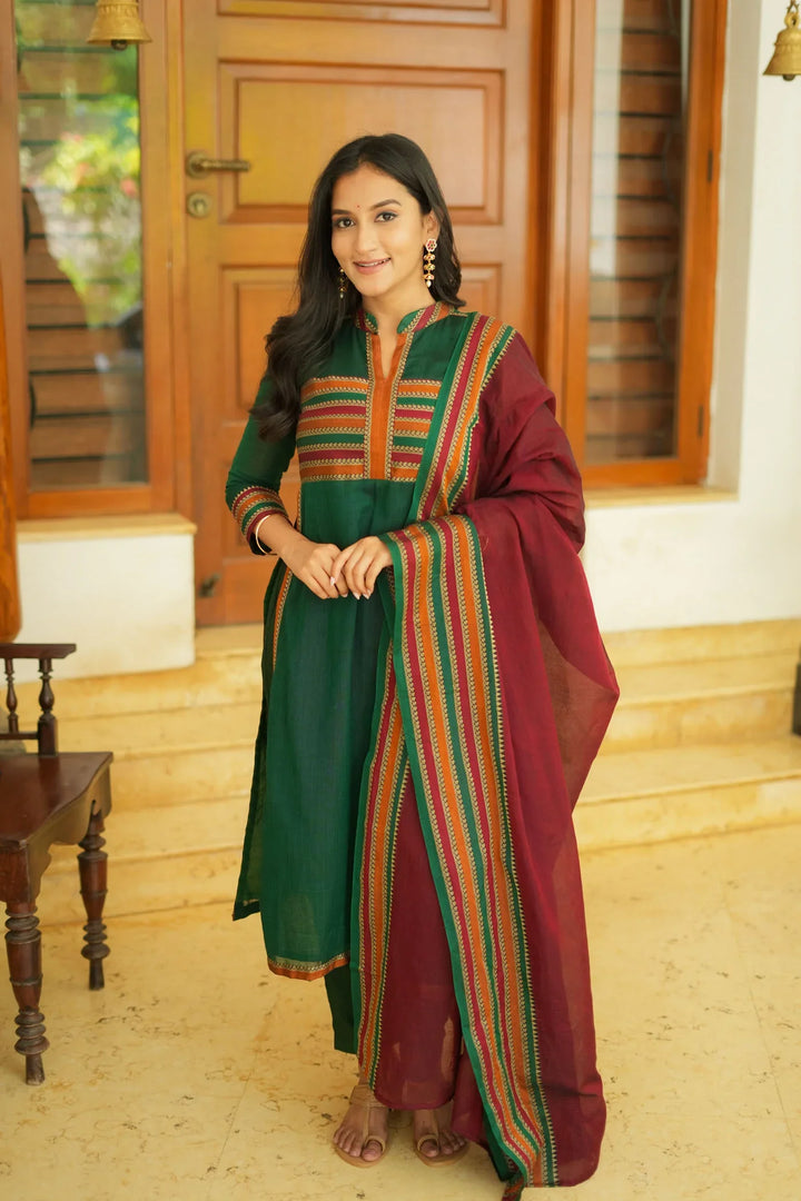 Bottle Green with Maroon Handloom Kurta Set Without Dupatta | Made To Order
