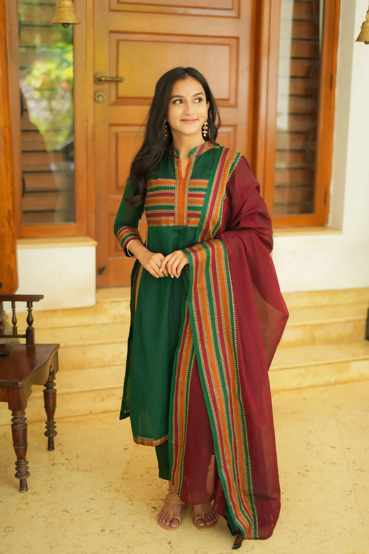 Bottle Green with Maroon Handloom Kurta Set With Dupatta| Made To Order