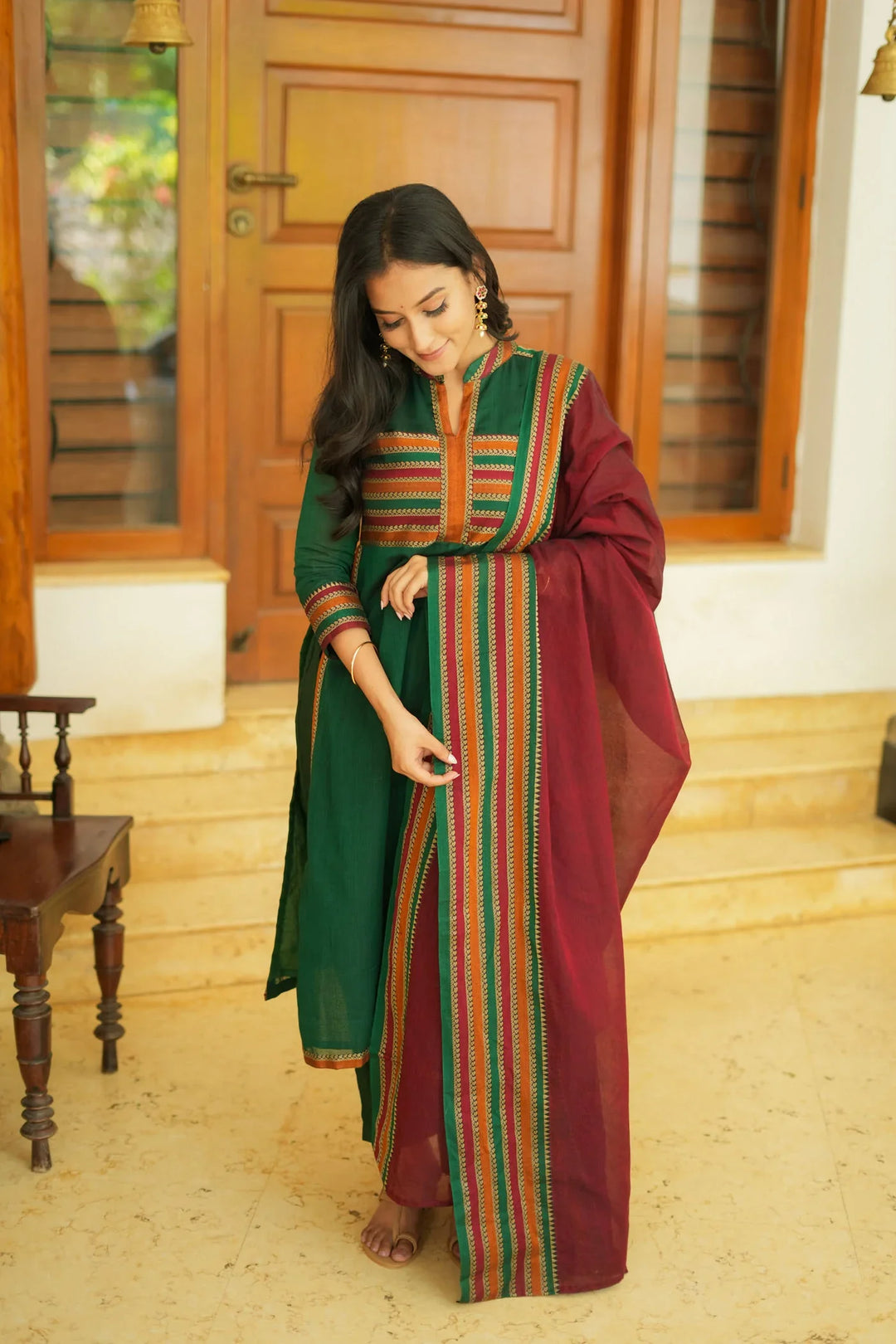 Bottle Green with Maroon Handloom Kurta Set Without Dupatta | Made To Order