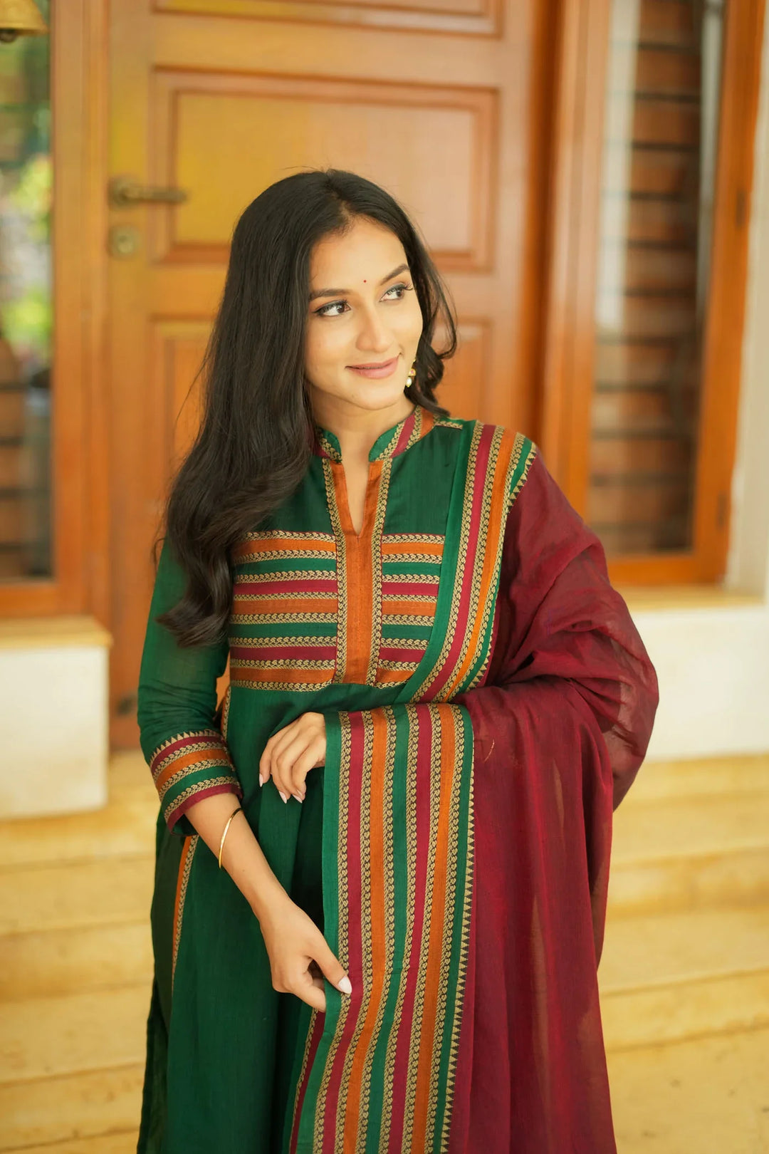 Bottle Green with Maroon Handloom Kurta Set With Dupatta| Made To Order