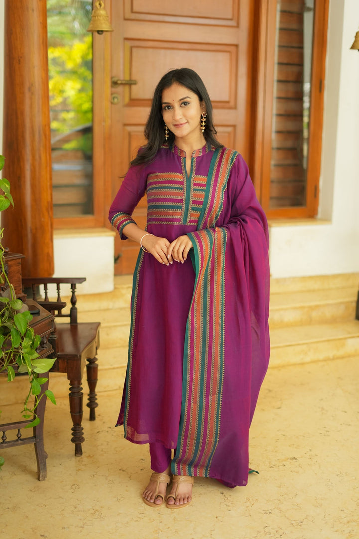 Vanika Magenta Handloom Kurta Set | Made to Order | SHOBITAM
