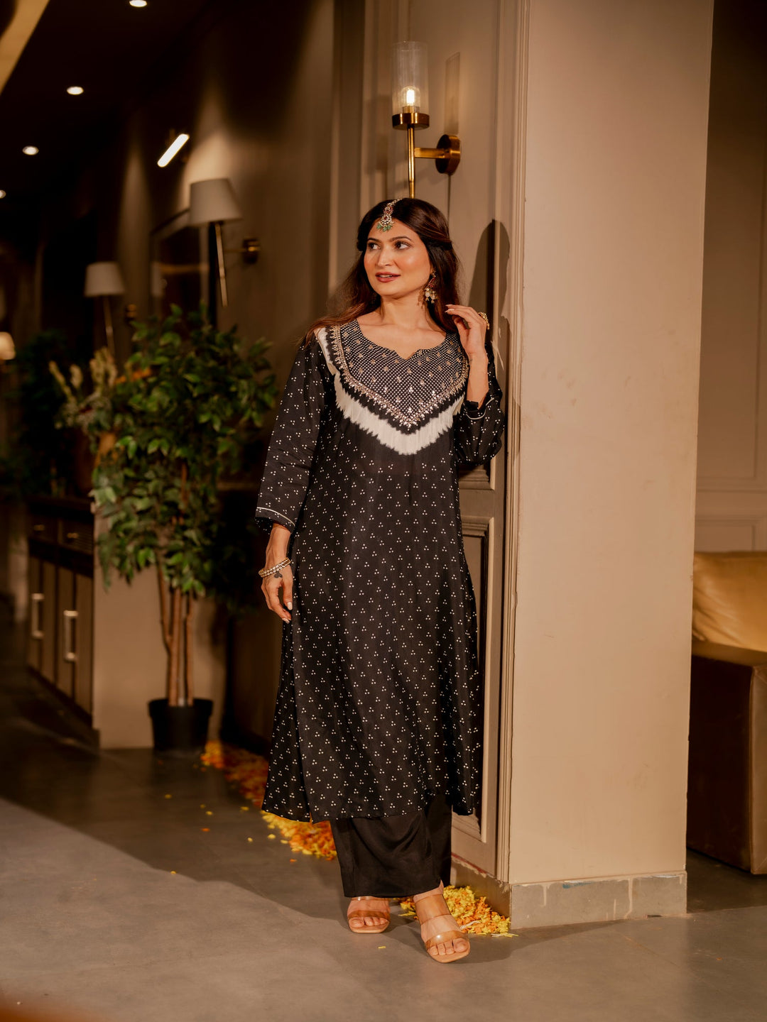 Black bandhani with gota work on neck kurta set- SET OF-2 | SHOBITAM
