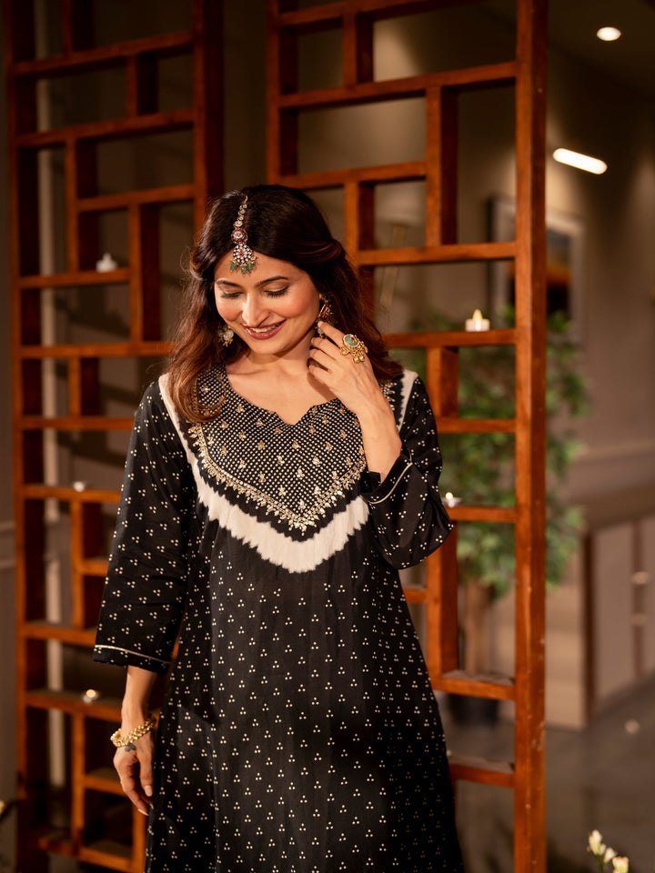 Black bandhani with gota work on neck kurta set- SET OF-2 | SHOBITAM
