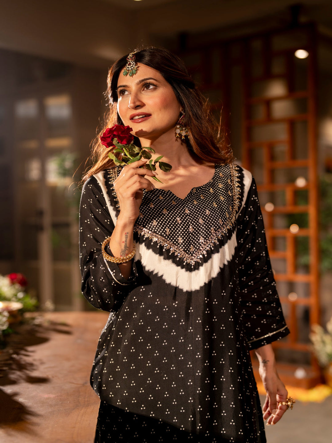 Black bandhani with gota work on neck kurta set- SET OF-2 | SHOBITAM