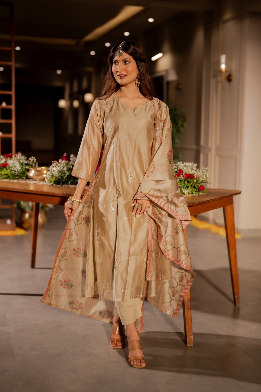 Beige Chanderi with Spread Buti Gota Work and Block Printed Dupatta -SET OF-3| SHOBITAM