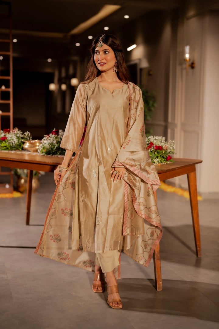 Beige Chanderi with Spread Buti Gota Work and Block Printed Dupatta -SET OF-3| SHOBITAM