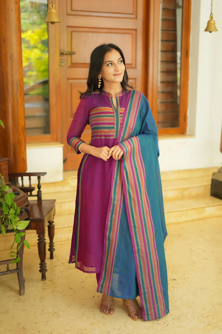 Magenta with Teal Handloom Kurta Set without dupatta | Made To Order