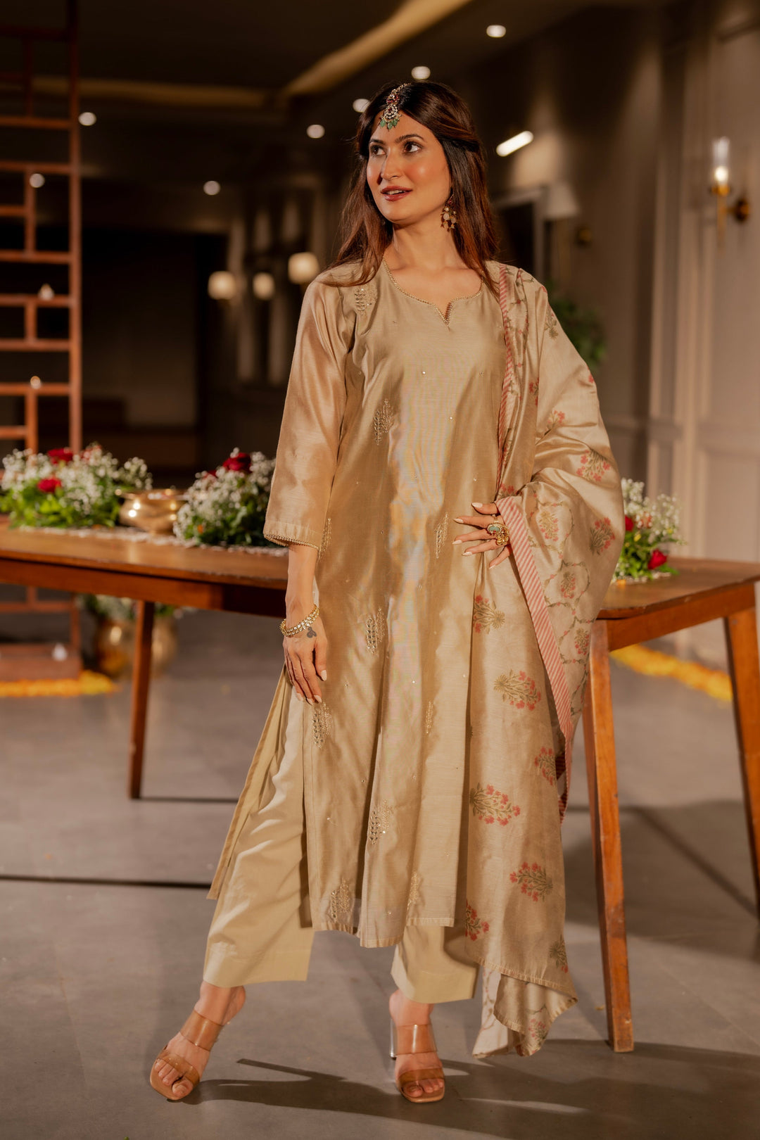 Beige Chanderi with Spread Buti Gota Work and Block Printed Dupatta -SET OF-3| SHOBITAM