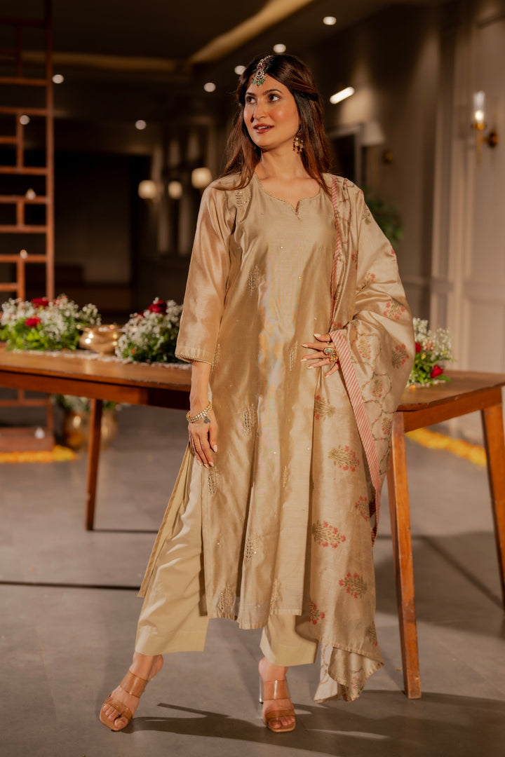 Beige Chanderi with Spread Buti Gota Work and Block Printed Dupatta -SET OF-3| SHOBITAM