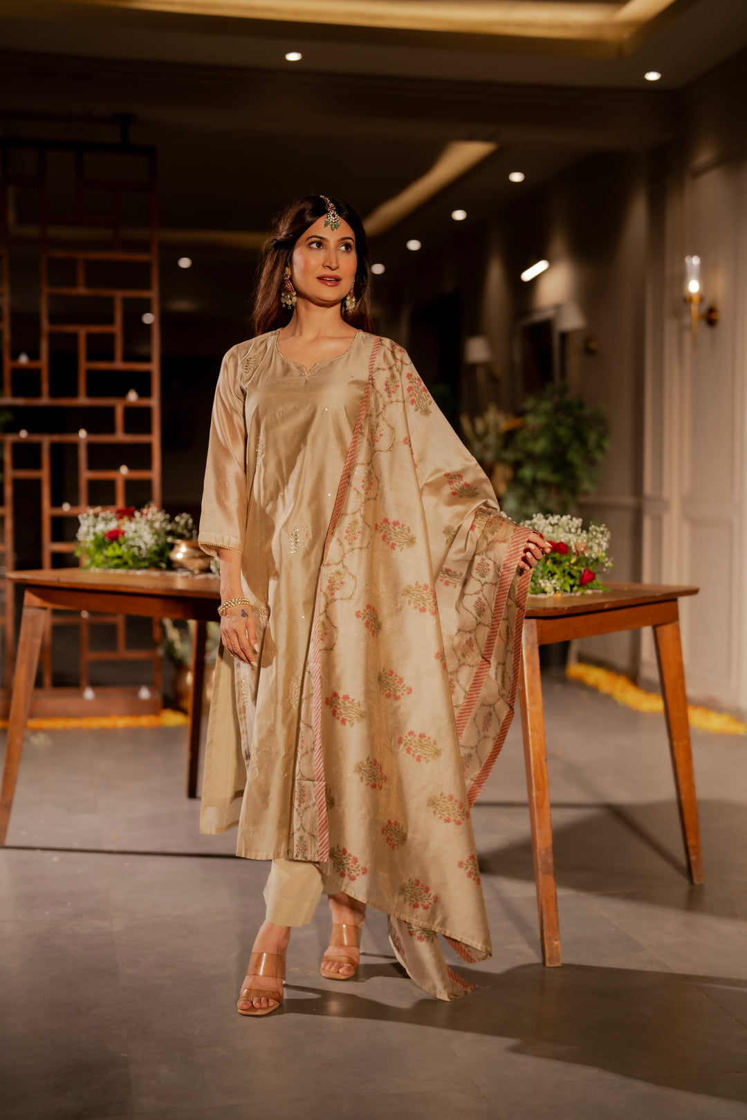 Beige Chanderi with Spread Buti Gota Work and Block Printed Dupatta -SET OF-3| SHOBITAM