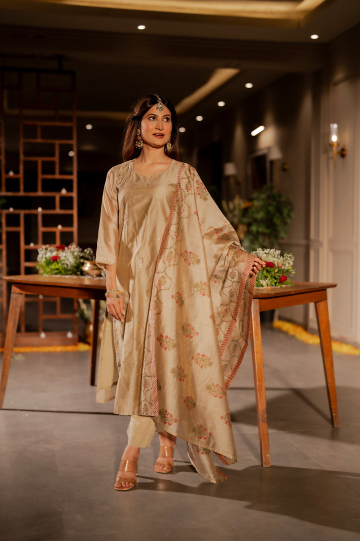 Beige Chanderi with Spread Buti Gota Work and Block Printed Dupatta -SET OF-3| SHOBITAM